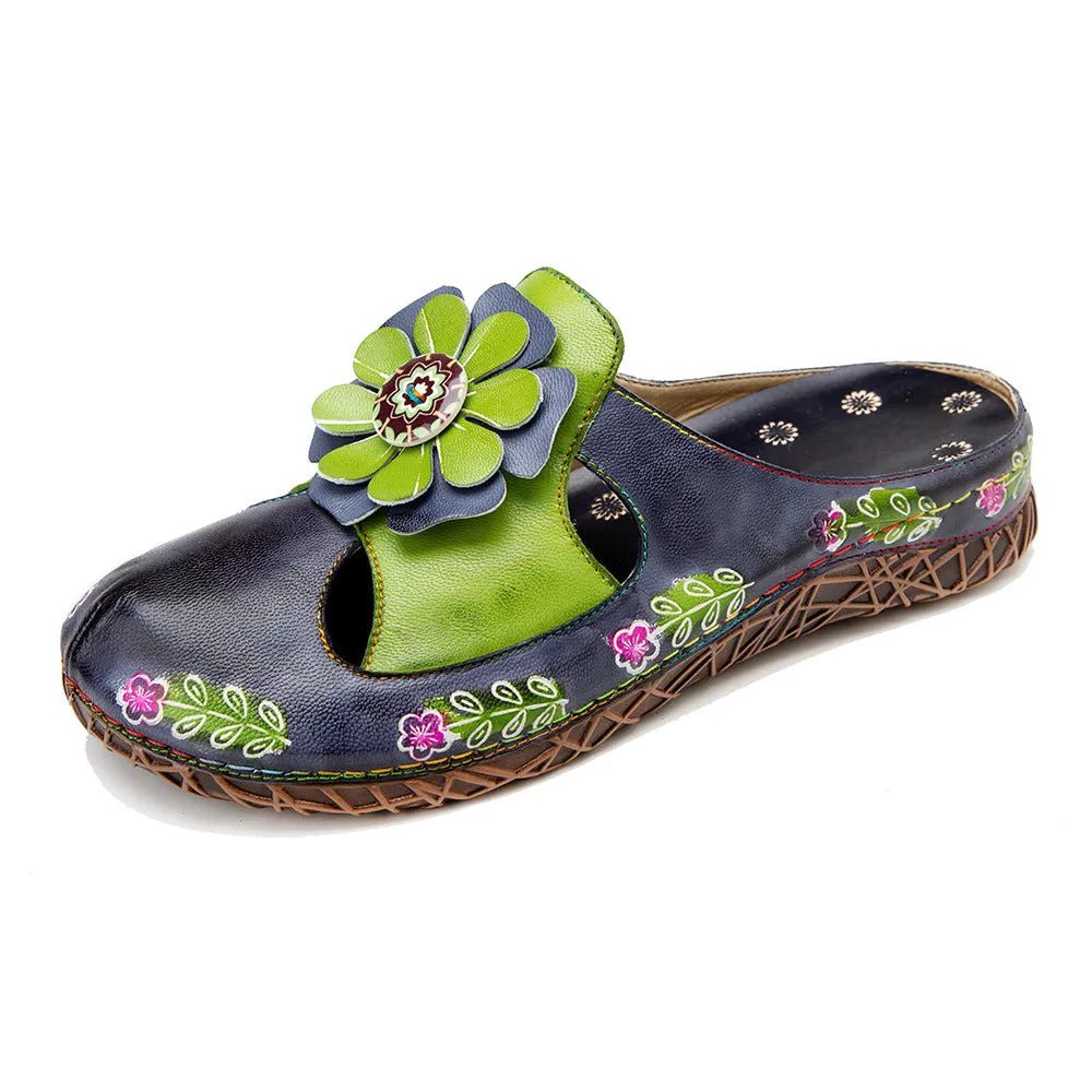 Women Retro Leather Casual Hollow Summer Slippers