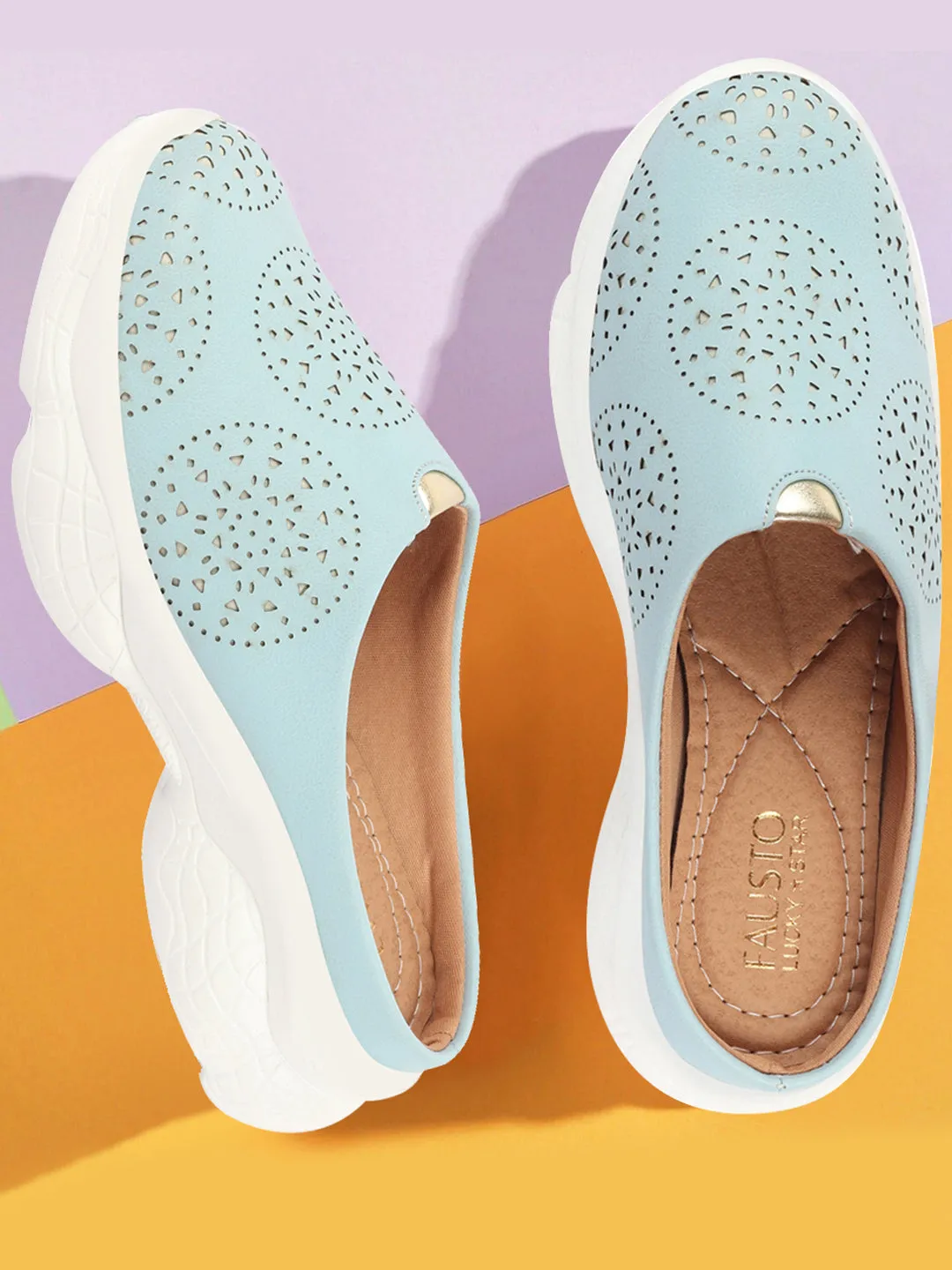 Women Sky Blue Laser Cut Design Back Open Slip On Mules Shoes