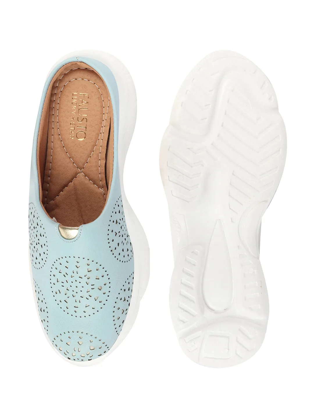 Women Sky Blue Laser Cut Design Back Open Slip On Mules Shoes