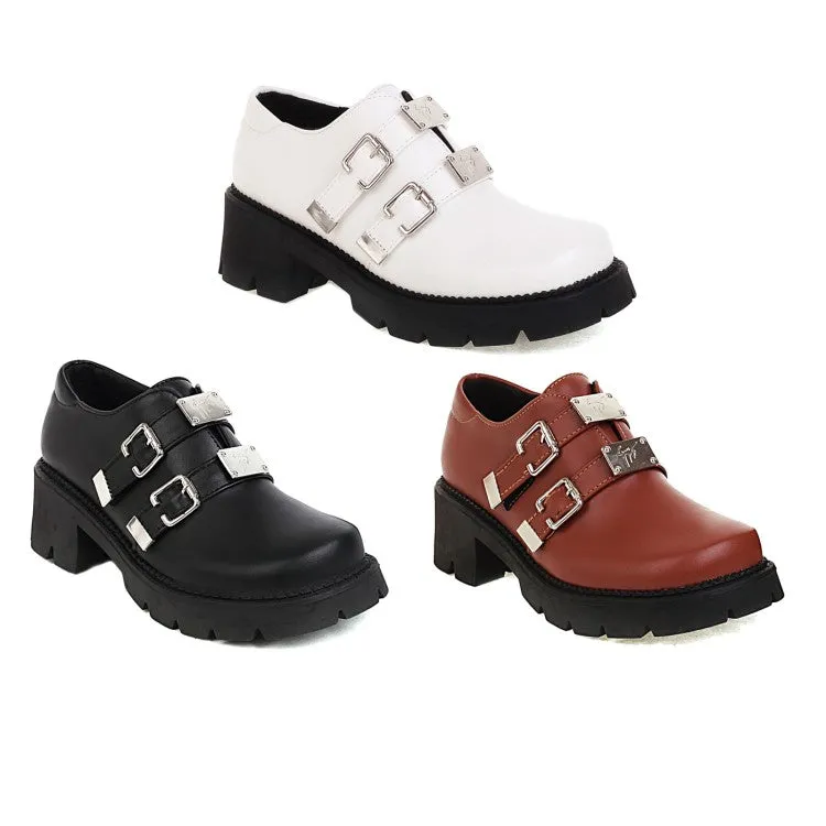 Women's Pu Leather Buckles Belts Block Heel Platform Chunky Heels Shoes