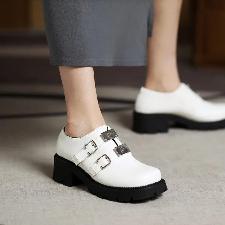 Women's Pu Leather Buckles Belts Block Heel Platform Chunky Heels Shoes