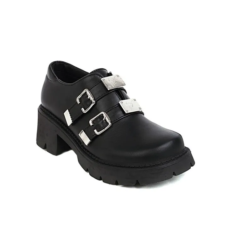 Women's Pu Leather Buckles Belts Block Heel Platform Chunky Heels Shoes