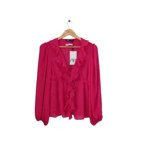 ZARA Hot Pink Sheer Ruffle Blouse | Brand New |